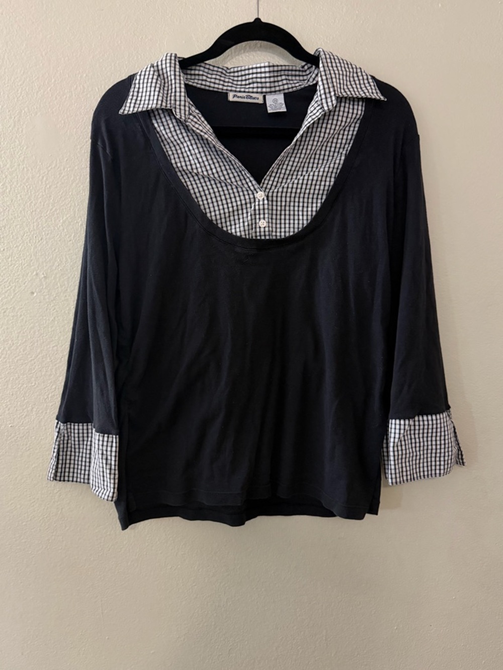Vintage Y2K Paris Blues Layered 2-in-1 Sweater Top Gingham Collar (2X)